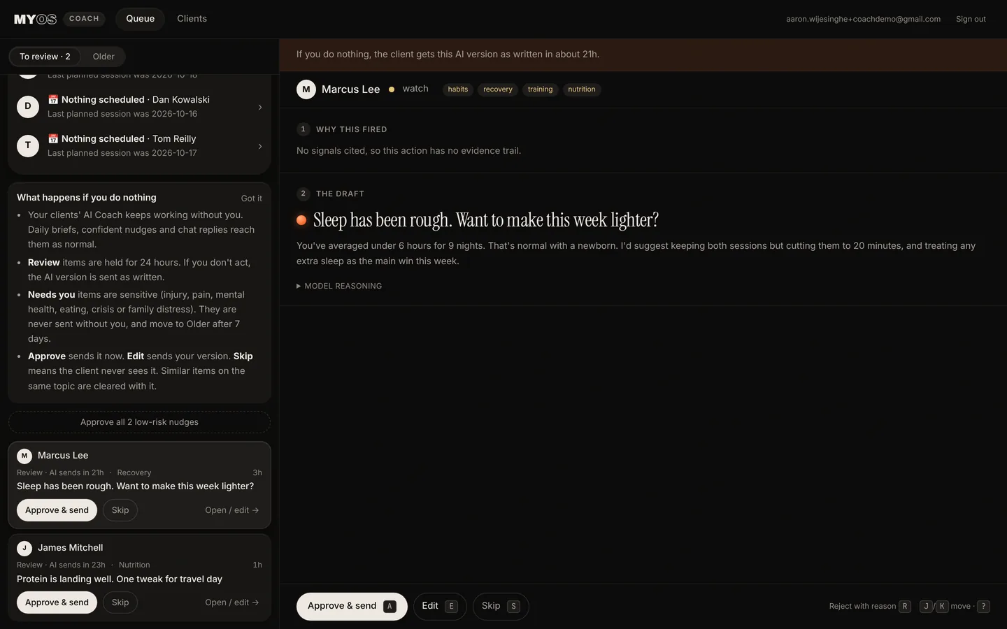 Coach queue with Approve and send for client drafts
